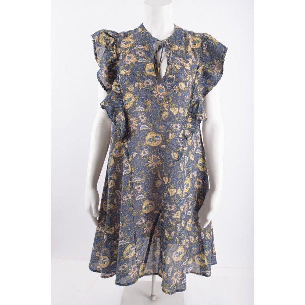 Chufy Womens Mona Embroidered Mini Dress M Navy Blue Floral Short Sleeve NWT